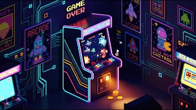 Retro Arcade Cabinet Displaying Space Invaders Game