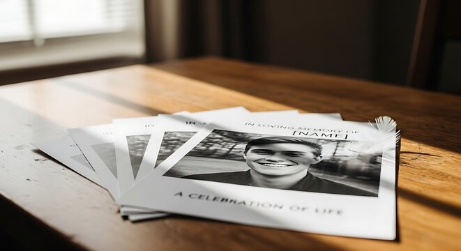 A memorial service program featuring a portrait of a young man resting on a wooden table.