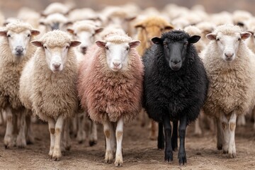 Fototapeta premium Close view of sheep flock with mixed wool colors including pink, beige and black. Animals gathered together outdoors. Concept of diversity, inclusion, uniqueness and leadership in a group.