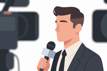 Naklejka premium Reporter in suit and tie with microphone between two video cameras, stylized vector illustration.