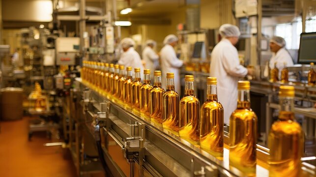 Industrial winery bottling and sealing conveyor line in production facility