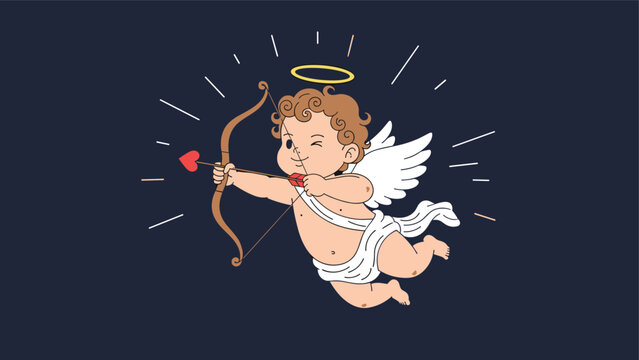 Classic cupid angel with wings and white cloth aiming a love arrow with a bow against a dark navy blue background.