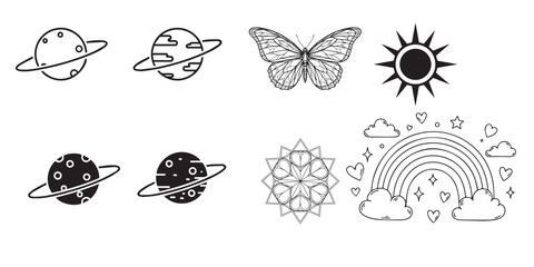 Whimsical space and nature sketch collection with planets butterfly and rainbow © MDSHAMIM