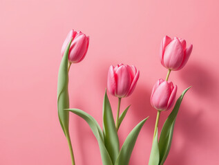 Obraz premium Vibrant pink tulips with green stems on a cheerful pink background. Fresh spring flowers arranged beautifully, perfect for Mother's Day, Easter, or floral designs.