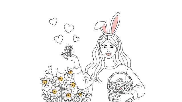 Young woman with rabbit ears holding a decorated egg and a basket of Easter eggs standing among blooming daffodils in a field.