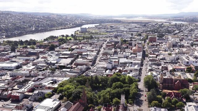 Tamar River valley at Launceston city meet of Esk rivers &ndash; aerial zoom in Tasmania.