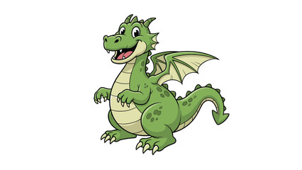 Fototapeta premium Friendly green dragon standing with a happy expression and small wings illustrated in a classic cartoon style for kids.