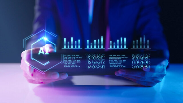 Artificial intelligence AI finance stock market data analysis machine learning. Business big data analytics, digital transformation technology, smart computer system, and futuristic network innovation