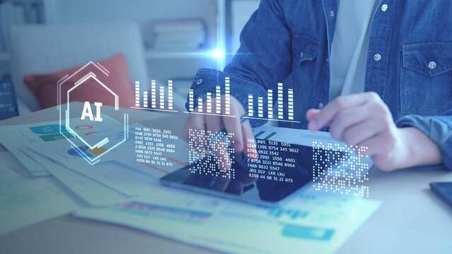 Artificial intelligence AI finance stock market data analysis machine learning. Business big data analytics, digital transformation technology, smart computer system, and futuristic network innovation