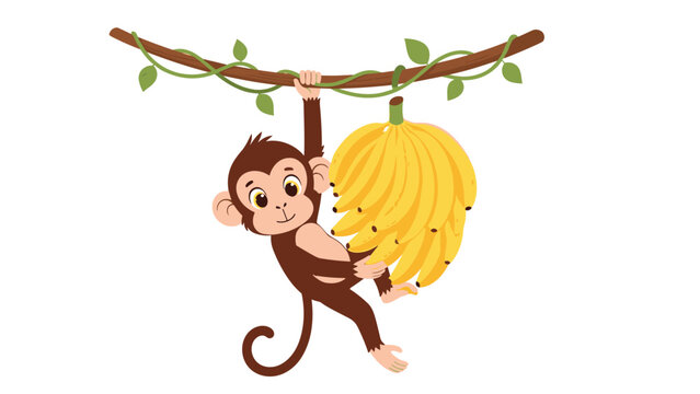 Playful little monkey hanging from a jungle vine while clutching a large bunch of ripe yellow bananas in its hands.