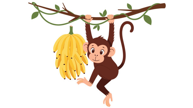 Cheerful brown monkey swinging from a leafy branch while holding a large heavy bunch of yellow bananas in the air.