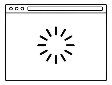 Line art illustration of a browser window depicting a loading spinner for web design
