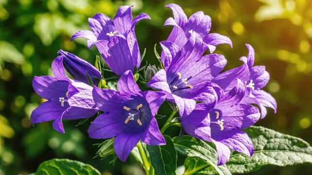 Beautiful purple bellflowers blooming in the garden during a sunny summer day, close up shot