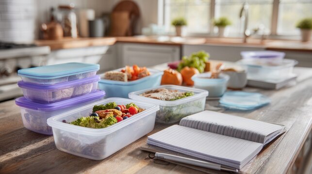Fresh meal prep containers on table, sunlit kitchen backdrop, colorful salads, roasted vegetables, grains and protein portions, notebook planner with menu notes, reusable lids and labels, organized