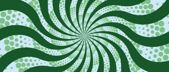 Retro green background with vintage circus sunburst. Psychedelic colorful swirl poster, abstract pattern in 70s carnival style. Hypnotic sunburst vector illustration. © Olga Shulgina