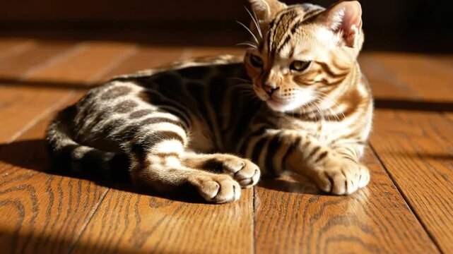 Cute bengal cat relaxing in sunlight on hardwood floor with beautiful pattern and adorable expression.