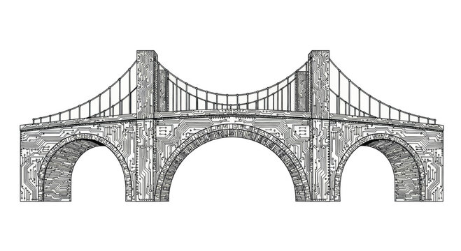 Detailed illustration of a suspension bridge with stone arches and circuit board textures