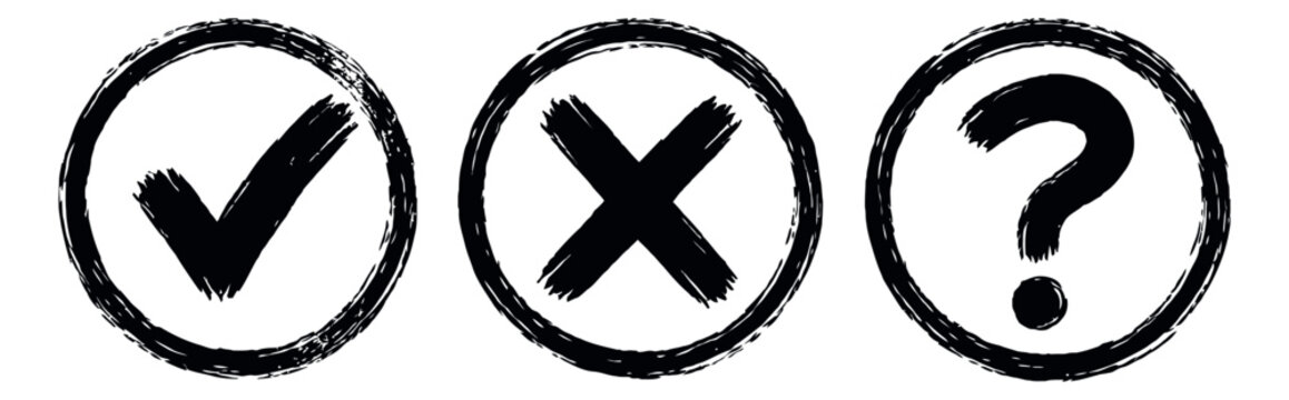 Grunge hand drawn symbol icons set featuring a checkmark, cross, and question mark for decision making and feedback