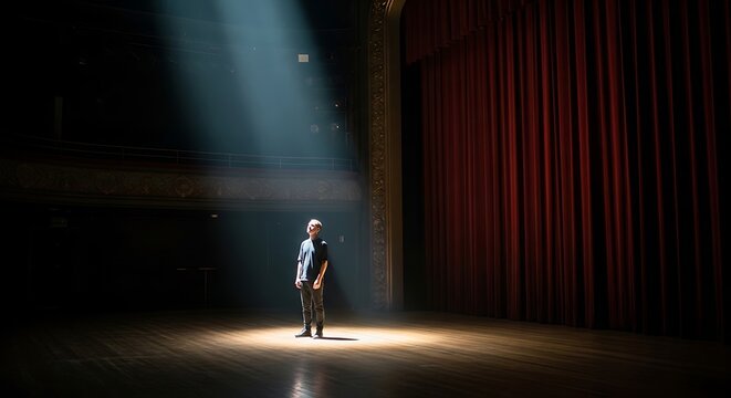 A single performer stands alone in the center of a theater stage under a dramatic spotlight.