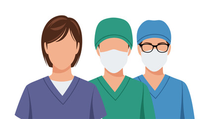 Fototapeta premium Vector group of medical professionals in scrubs and surgical masks