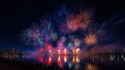 Fototapeta premium Celebration Night: Grand Fireworks Burst Across the Horizon