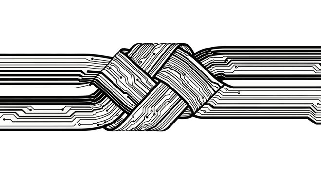 Black and white graphic of interwoven circuit board traces forming a knot