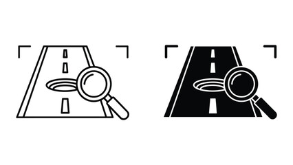 Two black and white road icons with magnifying glasses on a plain white background for search and investigation concepts © Shahriyar Rasel