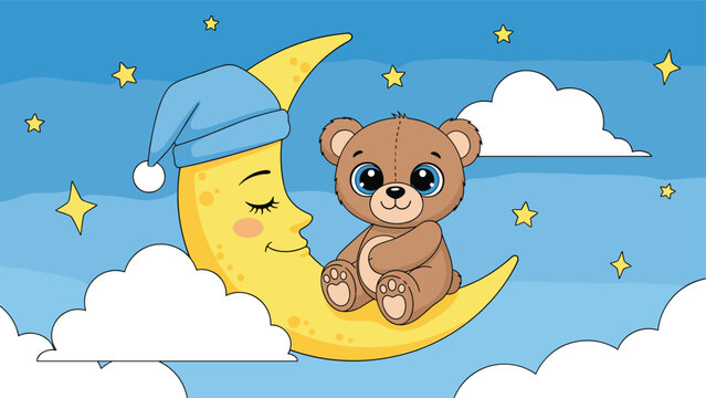Peaceful night scene shows a cute teddy bear sleeping on a crescent moon wearing a cap amidst stars and clouds.