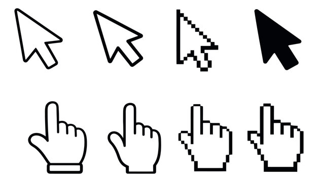 Digital cursor icons set featuring different styles of arrow and hand pointers for web design and user interfaces