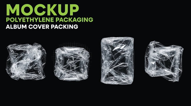 Set of realistic polyethylene packaging mockups for album covers, transparent plastic wrap textures with wrinkles and folds