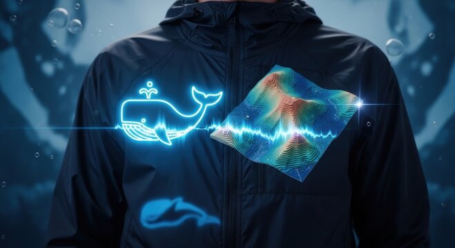 Futuristic neon brain circuit hoodie design on person in dark icy environment with glowing light effects
