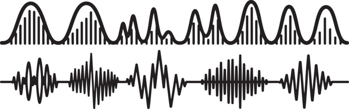 Complex waveform patterns illustrating signal amplitude variations over time Vector