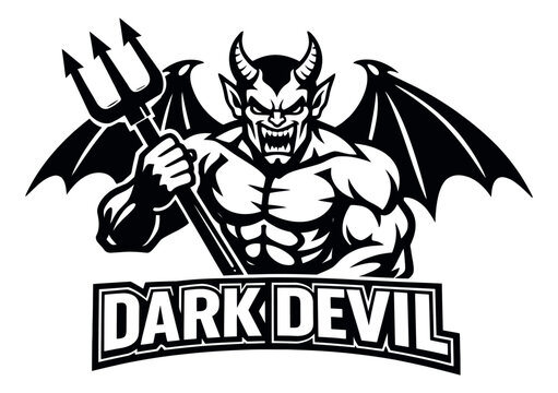 Bold graphic illustration of a devil depicting an angry horned creature with wings and a trident for gaming and sports logos