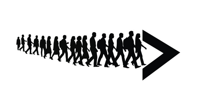 Silhouetted figures walk in unison forming an arrow, symbolizing progress and collective direction.