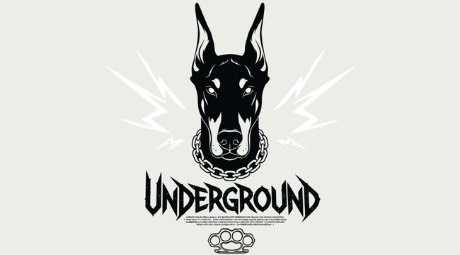 Doberman dog head logo with chain collar and brass knuckles, vector illustration for underground streetwear brand