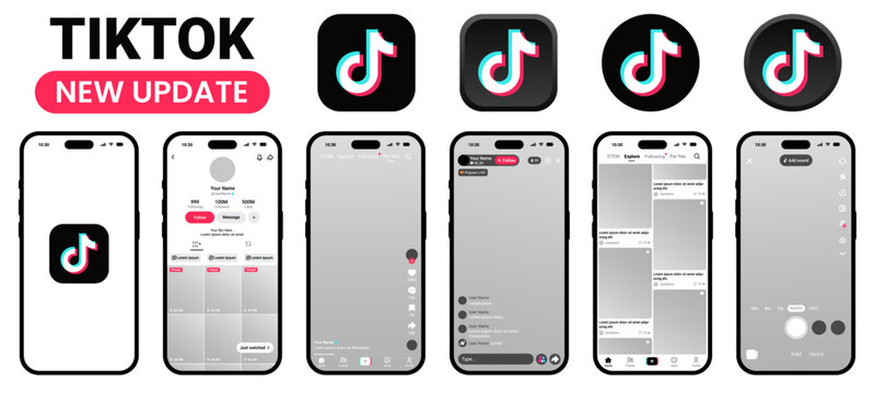 TikTok app UI UX mobile interface smartphone screen mockup. Short video feed live streaming screen, profile, comment, like, share button. Social media layout template