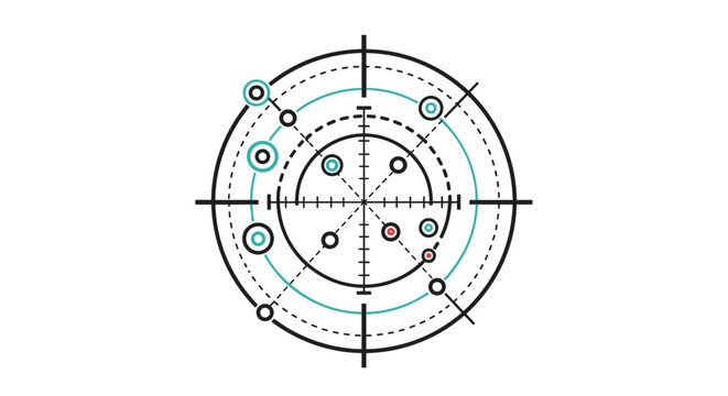 High tech radar target display screen with circular grids and multiple tracking points representing detection and navigation.
