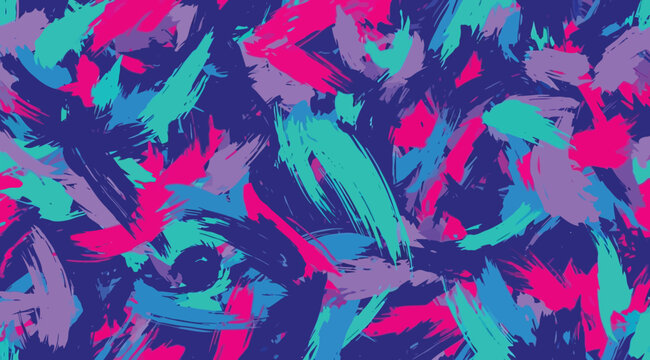 Abstract background with vibrant brush strokes in neon pink, blue, purple, and green colors, artistic paint texture pattern