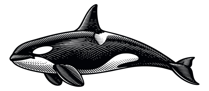 Retro hand drawn illustration of an orca depicting a swimming marine mammal for wildlife themes