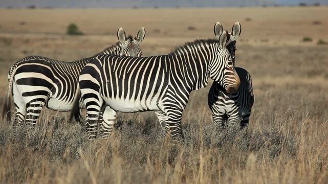 Group of three zebras standing together in dry savanna grassland during African wildlife safari
