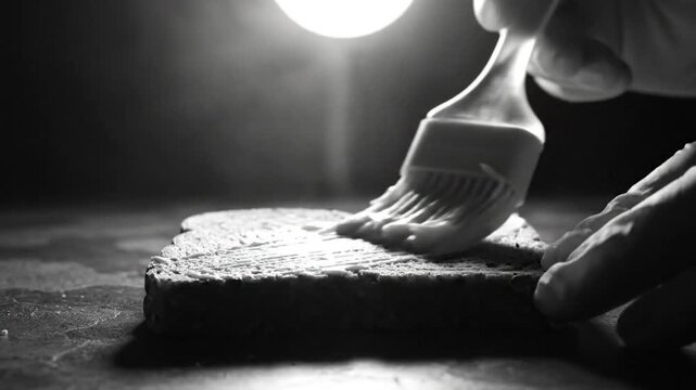Black and white close up of someone brushing a slice of bread with a creamy spread for a gourmet snack