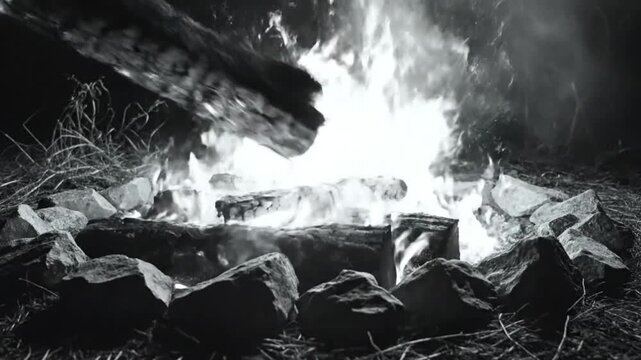 Black and white campfire burning with bright flames and embers surrounded by rocks against a dark night background