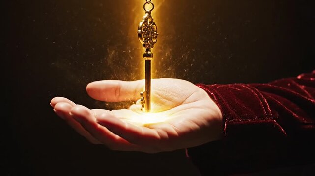 Hand holds glowing ornate golden skeleton key in darkness
