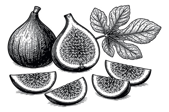 Hand drawn line art fig elements set featuring whole, half, and sliced figs with a leaf for healthy eating and botanical designs