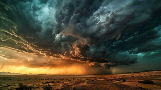 Dramatic Thunderstorm Lightning Striking Over Vast Desert Landscape Under Dark Stormy Sky Capturing Extreme Weather Power and Natural Atmospheric Energy Intense Raw