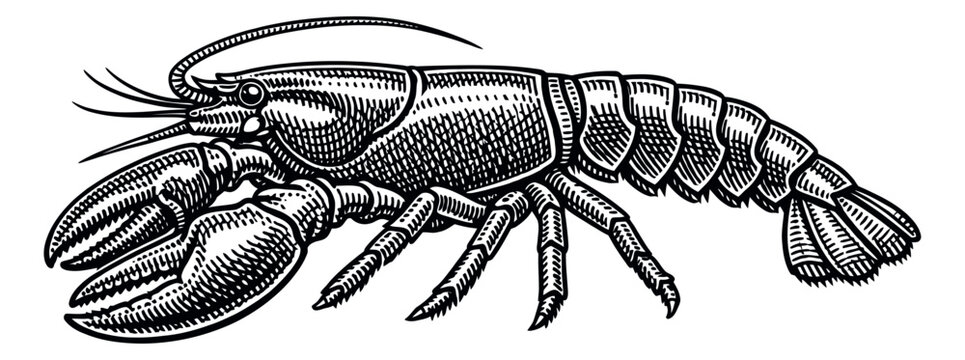 Hand drawn line art illustration of a lobster depicting a detailed side view for seafood marketing