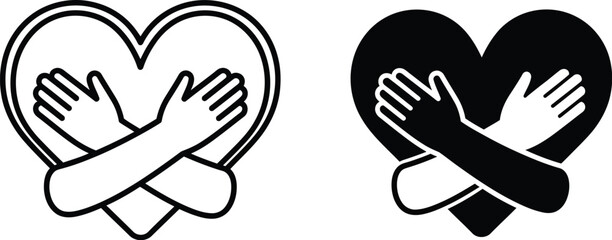 Fototapeta premium Heart being embraced or hugged by a pair of human hands. Care, love, kindness, charity, support, and empathy. 
