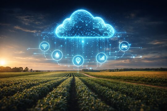 Abstract Data Cloud Over a Farm Landscape