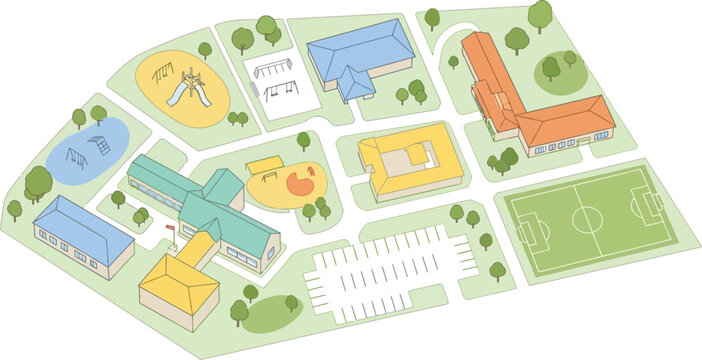 School campus layout with buildings and playgrounds