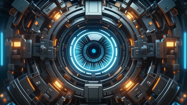 Futuristic Cybernetic Eye with Glowing Blue Iris and Metallic Parts